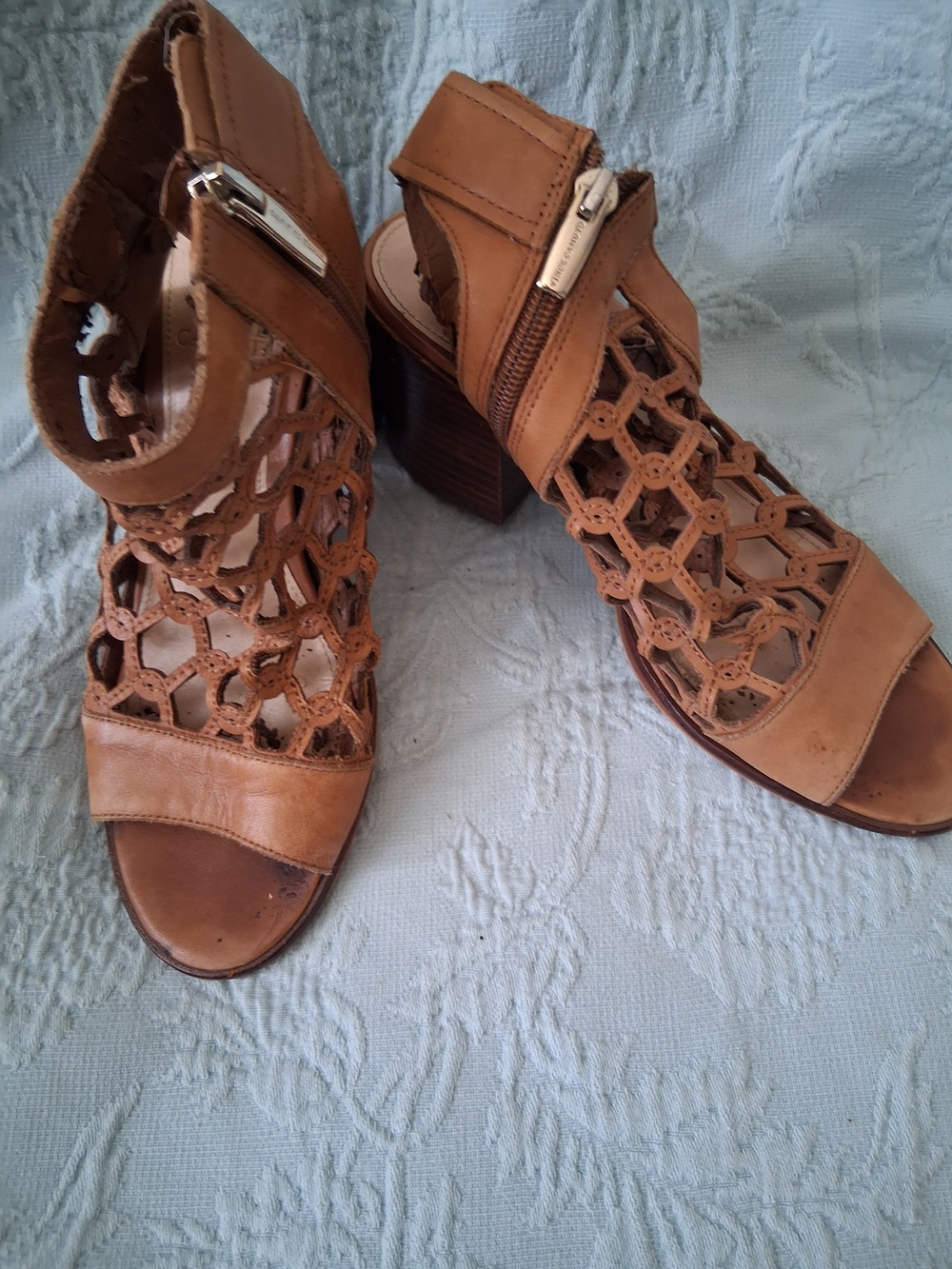 Vince Camuto  Tan Leather Cutout Block Heel Sandals